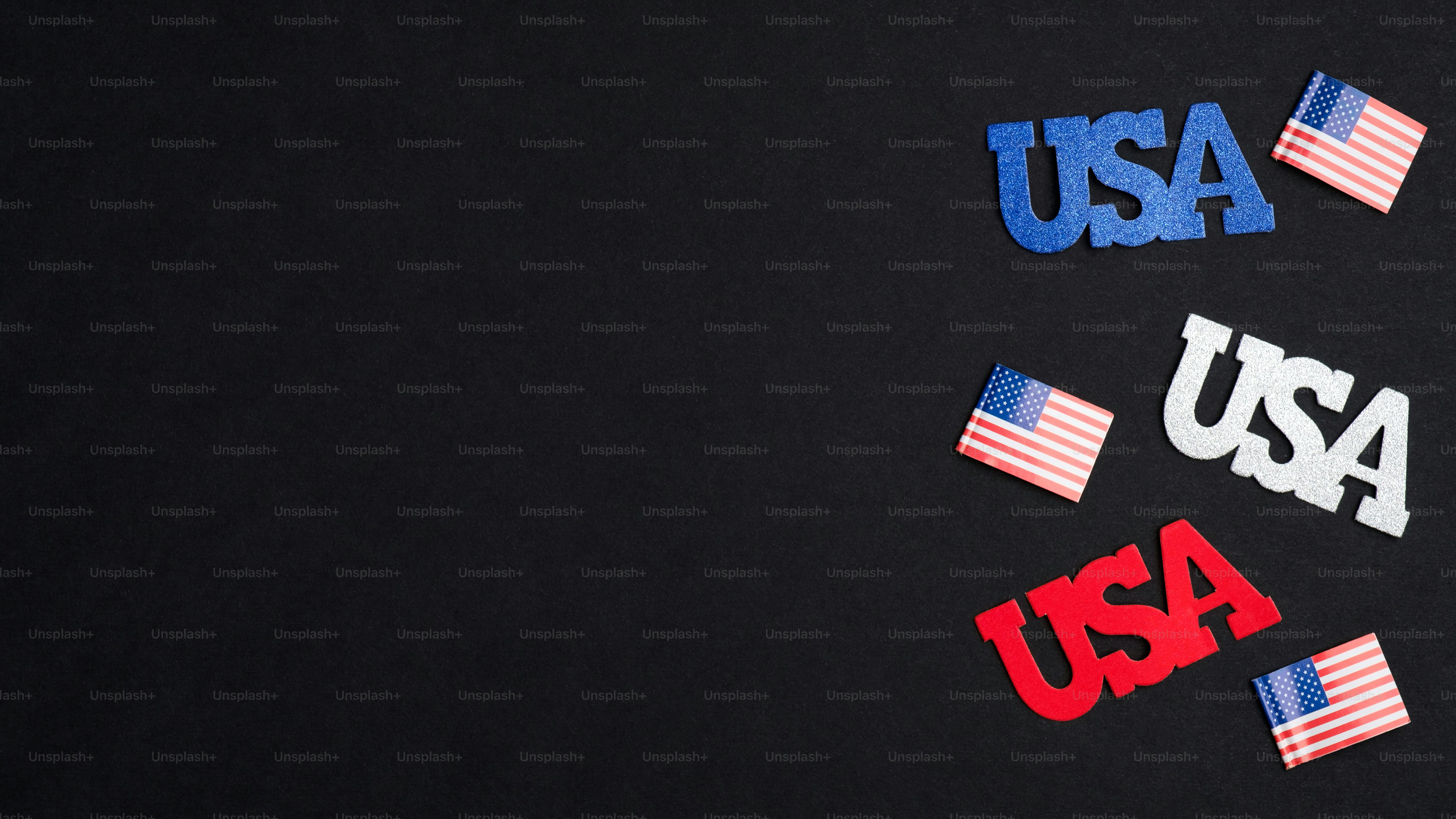 Fourth of July Independence Day banner mockup. USA signs and American flags on dark background. Patriotism and US national holidays concept